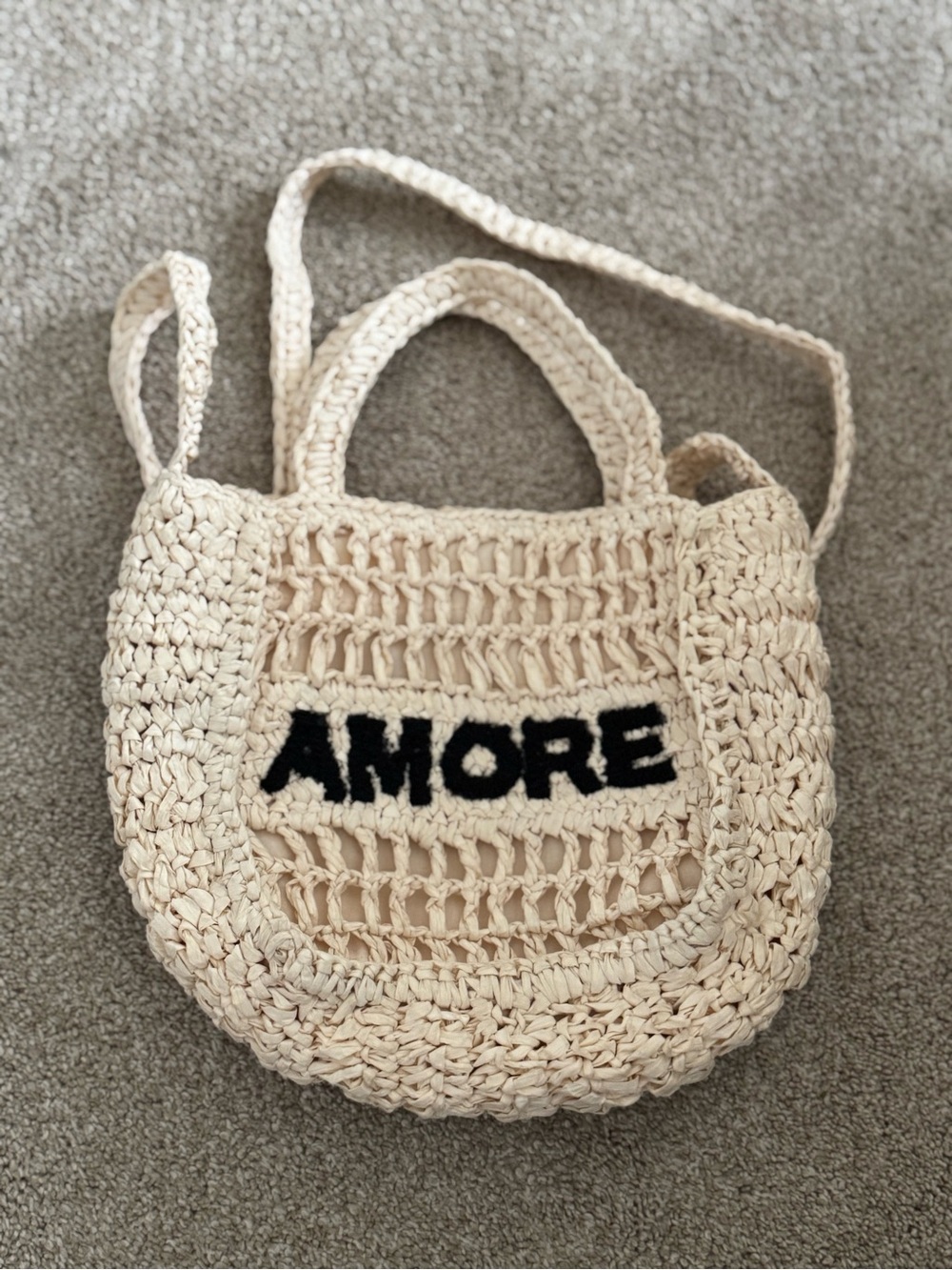 Amore Crochet Straw Tote Bag - Cream